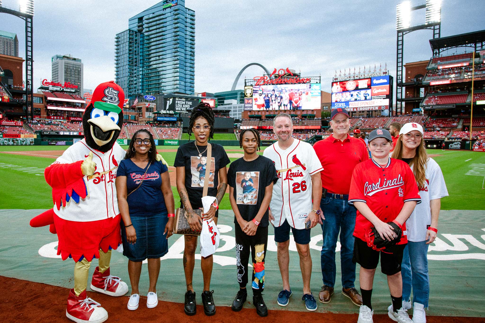 Cardinals game with family, staff, Fred Bird (1)